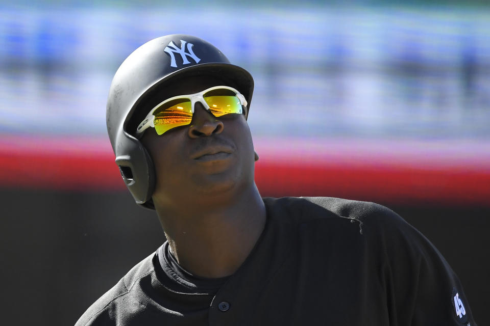 New York Yankees' Didi Gregorius looks up after being hit by a pitch during the first inning of a baseball game against the Los Angeles Dodgers Sunday, Aug. 25, 2019, in Los Angeles. (AP Photo/Mark J. Terrill)