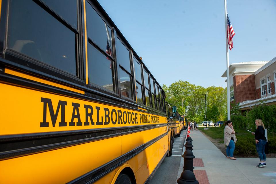 Buses arrive at the Goodnow Brothers Elementary School in Marlborough, May 11, 2023.