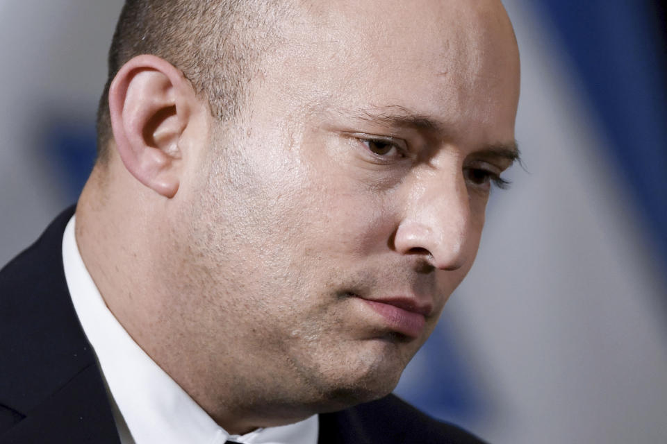 Israeli Prime Minister Naftali Bennett meets with Secretary of State Antony Blinken at the Willard Hotel in Washington, Wednesday, Aug. 25, 2021. (Olivier Douliery/Pool via AP)