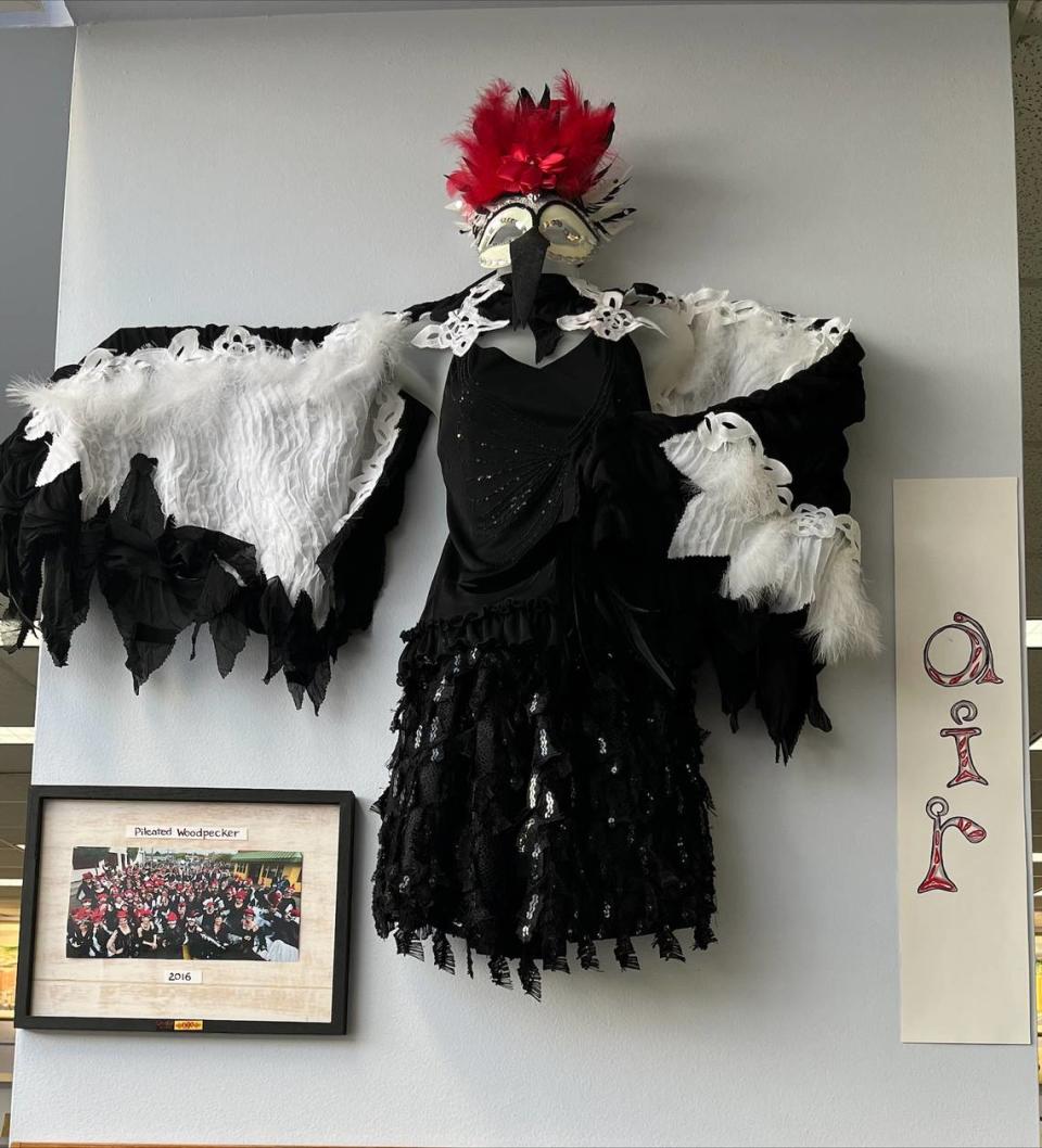 A pileated woodpecker ensemble created by Carol Riley is one of the Samba Olywa costumes being shown at the Olympia Timberland Library during Arts Walk.