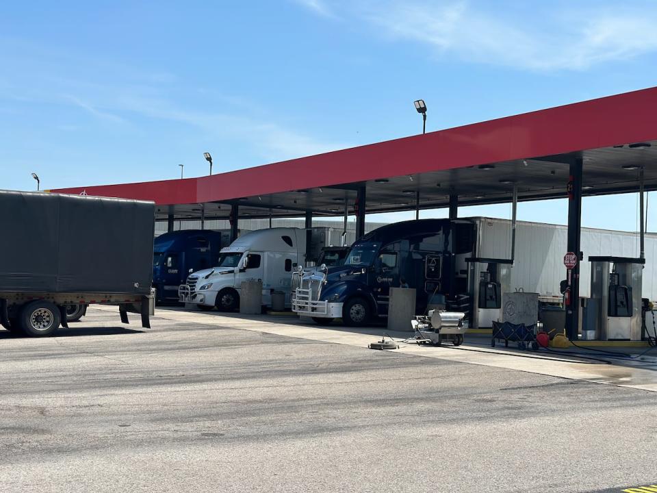 Trucks stopped at a Flying J stop in London, Ont. The OPP say seven of the 31 crashes involving transport trucks took place in southwestern Ontario. 