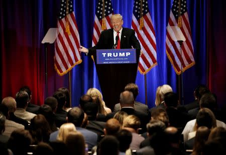 Republican presidential candidate Donald Trump delivers a speech during a campaign event at the Trump Soho Hotel in Manhattan, New York City, U.S., June 22, 2016. REUTERS/Mike Segar