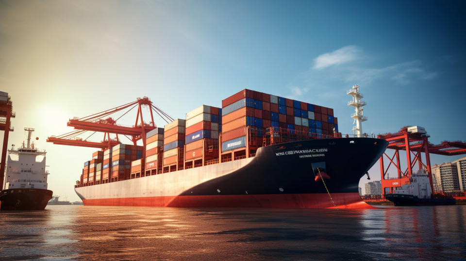 A large cargo ship in a harbor port, teeming with Twenty-Foot Equivalent Units (TEUs).