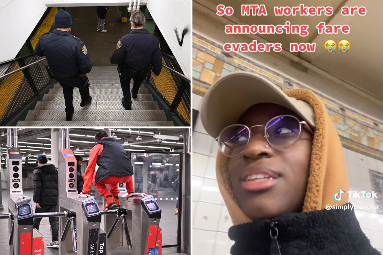 NYPD tickets subway turnstile jumpers, cops in a subway station, TikToker named Trevona in her April 14 video about the MTA employee announcing fare evaders