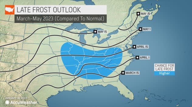 A frost outlook map showing where there is a higher chance for a late frost from March to May.