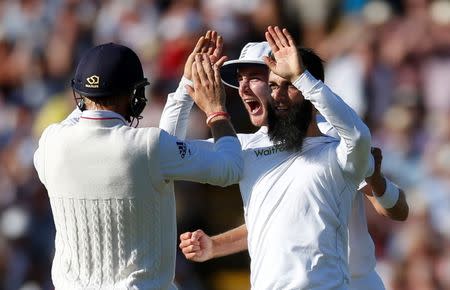 Britain Cricket - England v Pakistan - Third Test - Edgbaston - 7/8/16 England's Moeen Ali celebrates taking the wicket of Pakistan's Sohail Khan and winning the third test Action Images via Reuters / Paul Childs
