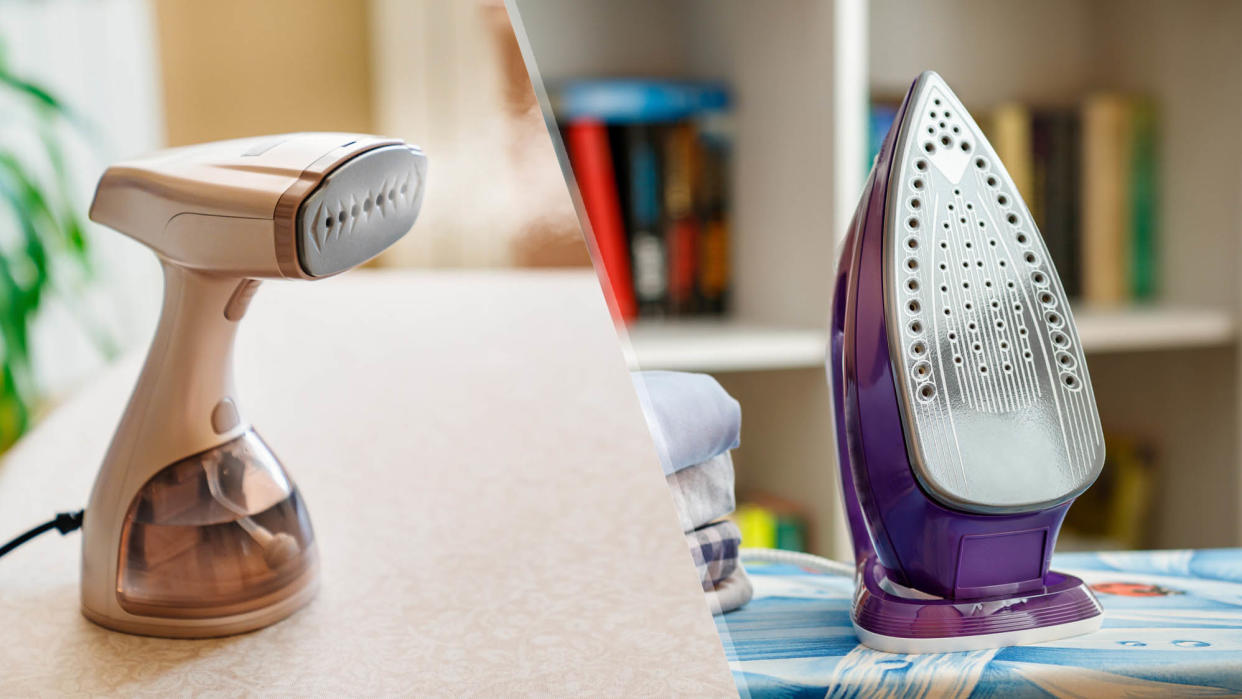  A clothes steamer and a steam iron side-by-side 