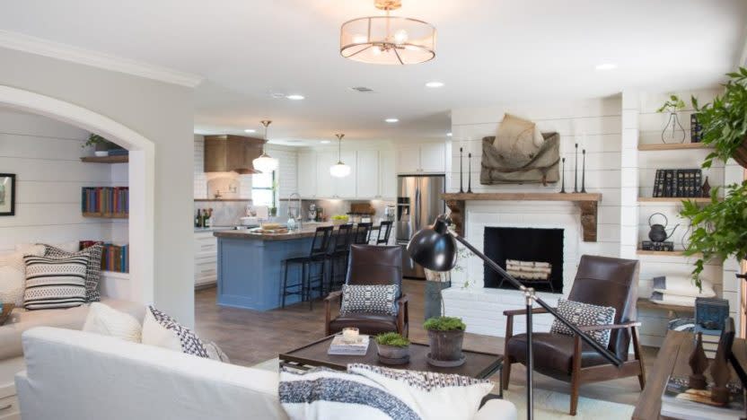 You can see how the book nook (left) adds architectural interest, plus space, to the living room