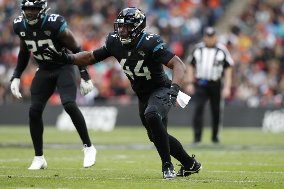 Jacksonville Jaguars linebacker Travon Walker (44) in action during an NFL football game against the Denver Broncos at Wembley Stadium in London, Sunday, Oct. 30, 2022. (AP Photo/Steve Luciano)