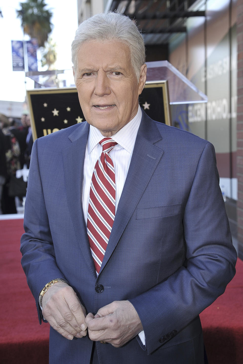 FILE - Alex Trebek, host of "Jeopardy!" attends a ceremony honoring the show's executive producer Harry Friedman with a star on the Hollywood Walk of Fame on Nov. 1, 2019, in Los Angeles. More than two months after Trebek's death, fans of "Jeopardy!" finally got the chance to say goodbye. A video tribute to the host opened the Friday, Jan. 8, 2021, episode of the quiz show, the final one that Trebek taped before pancreatic cancer claimed his life on Nov. 8. (Photo by Richard Shotwell/Invision/AP, File)