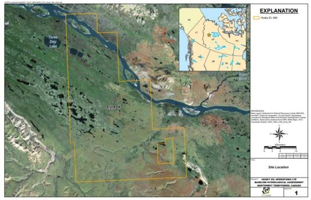 A satellite view of Cenovus's exploration licence EL494, recently converted to a significant discovery.  (Mackenzie Valley Land and Water Board - image credit)