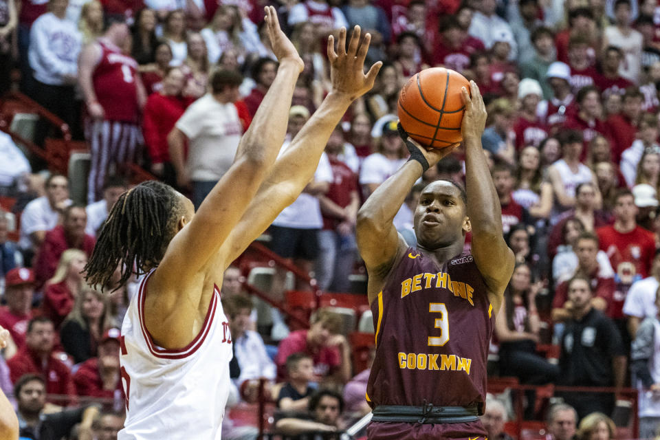 Bethune-Cookman guard Marcus Garrett (3) shoots during the first half of an NCAA college basketball game against Indiana, Thursday, Nov. 10, 2022, in Bloomington, Ind. (AP Photo/Doug McSchooler)
