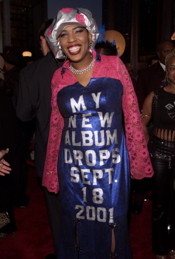 Macy Gray wearing a dress that promotes her album