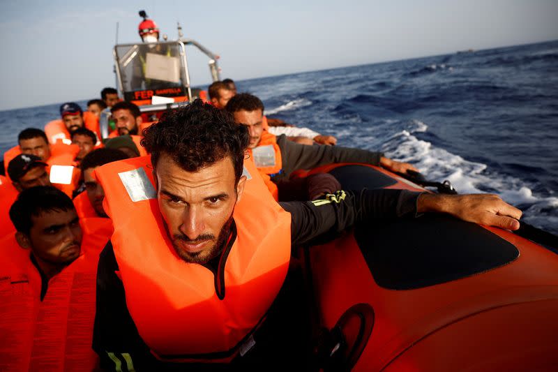 NGO Proactiva Open Arms Uno rescue boat in central Mediterranean Sea