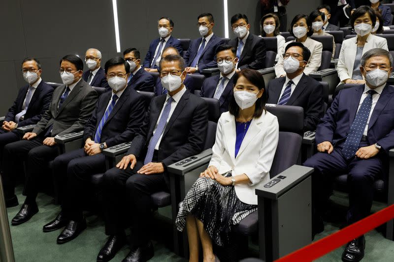 Hong Kong Chief Executive-designate John Lee attends a news conference with his newly appointed cabinet in Hong Kong