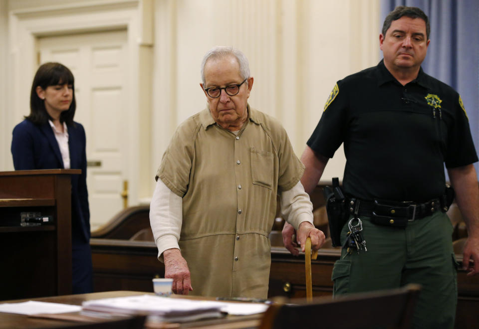 Former priest Ronald Paquin arrives for sentencing York County Superior Court, Friday, May 23, 2019, in Alfred, Maine. The defrocked Massachusetts priest was convicted for sexually abusing an altar boy years ago. Paquin spent more than 10 years in a prison in Massachusetts for sexually abusing another altar boy in that state. (AP Photo/Robert F. Bukaty)