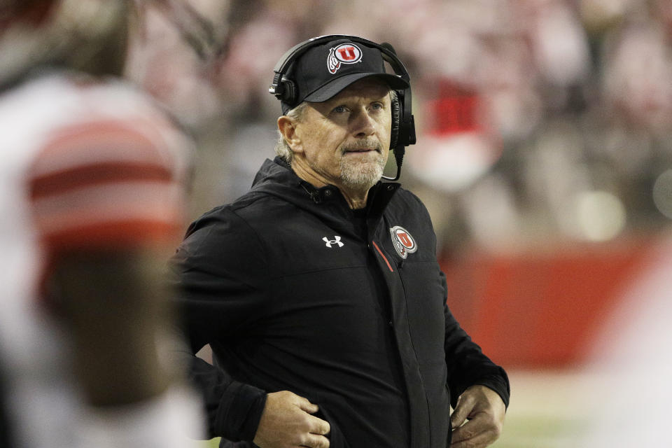 Utah head coach Kyle Whittingham stands on the sideline during the first half of an NCAA college football game against Washington State, Thursday, Oct. 27, 2022, in Pullman, Wash. (AP Photo/Young Kwak)