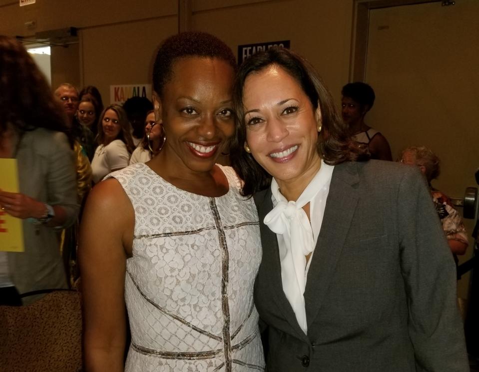 Tanya Burke of West Palm Beach and Kamala Harris in Chicago in September, 2019. Both women graduated from Howard University as part of the Alpha Kappa Alpha sorority.