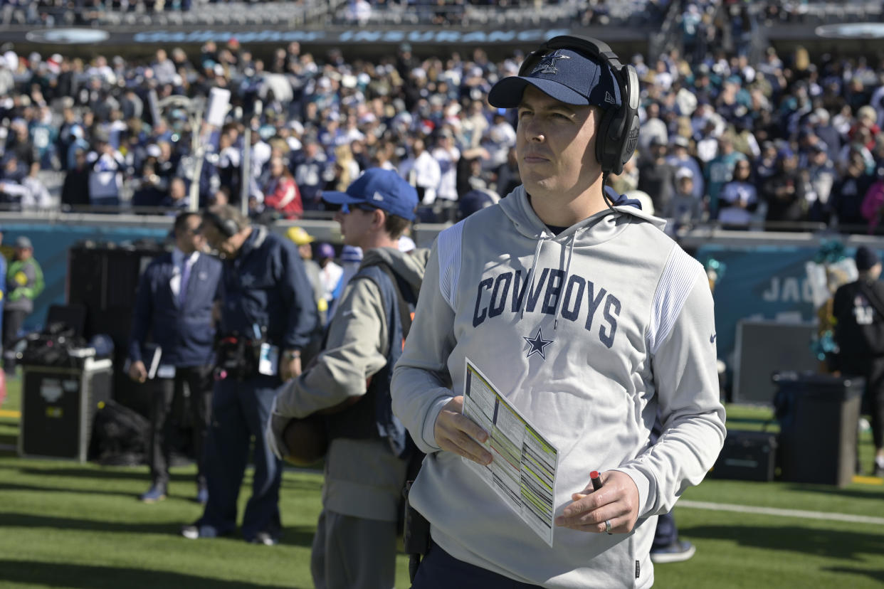 The Cowboys reportedly parted ways with offensive coordinator Kellen Moore on Sunday. (AP Photo/Phelan M. Ebenhack)