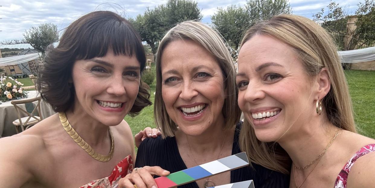 annabel scholey, nicola walker, fiona button on the set of the split barcelona