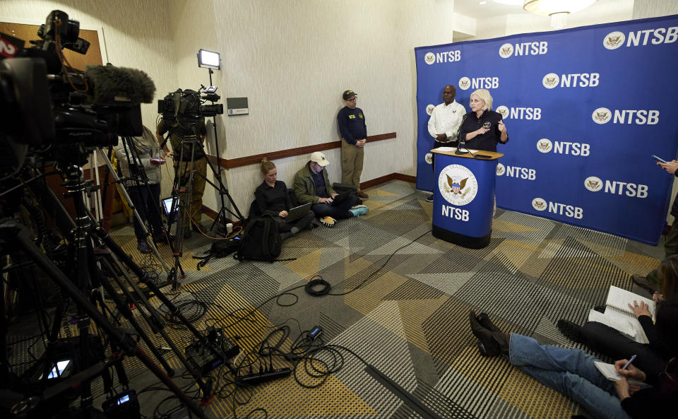 National Transportation Safety Board Chair Jennifer Homendy speaks to the media about the investigation on Alaska Airlines flight 1282 in Portland, Ore., Saturday, Jan. 6, 2024. Federal officials on Saturday ordered the immediate grounding of some Boeing 737 Max 9 jetliners until they are inspected after the Alaska Airlines plane suffered a blowout that left a gaping hole in the side of the fuselage. (AP Photo/Craig Mitchelldyer)