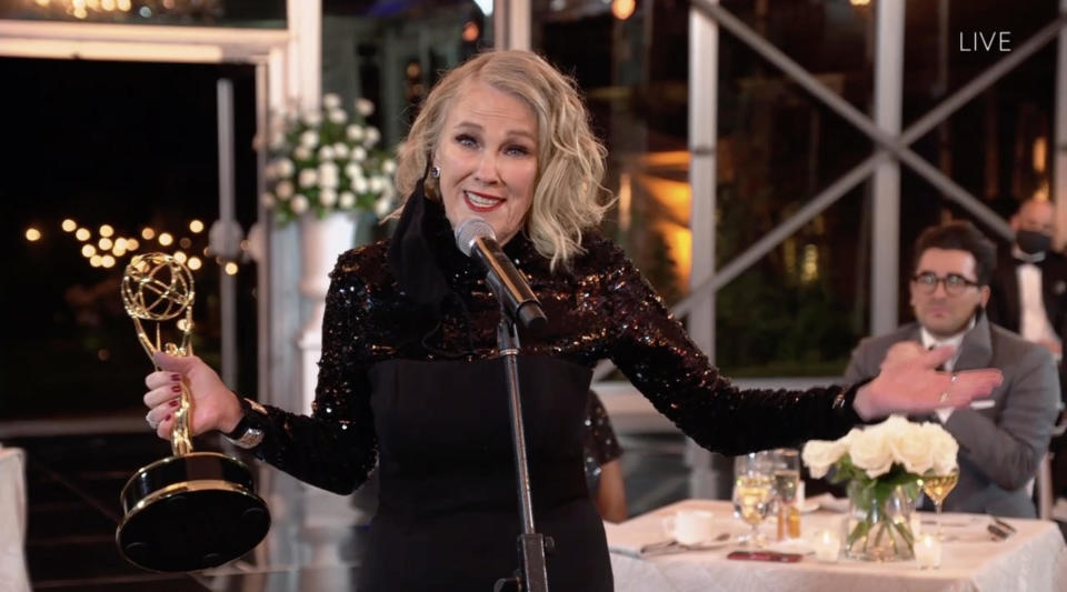 Catherine O'Hara accepts her Emmy Award for outstanding lead actress in a comedy for her role in 