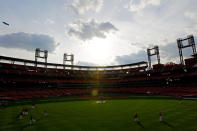 ST LOUIS, MO - OCTOBER 27: The St. Louis Cardinals warm up on the field prior to Game Six of the MLB World Series against the Texas Rangers at Busch Stadium on October 27, 2011 in St Louis, Missouri. (Photo by Rob Carr/Getty Images)