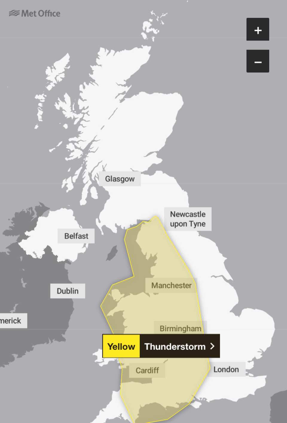 Map showing the location of the thunderstorm weather warning on Sunday (Met Office)