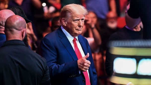 PHOTO: Former President Donald Trump attends the Ultimate Fighting Championship (UFC) 287 mixed martial arts event at the Kaseya Center in Miami, Florida, on April 8, 2023. (Chandan Khanna/AFP via Getty Images)