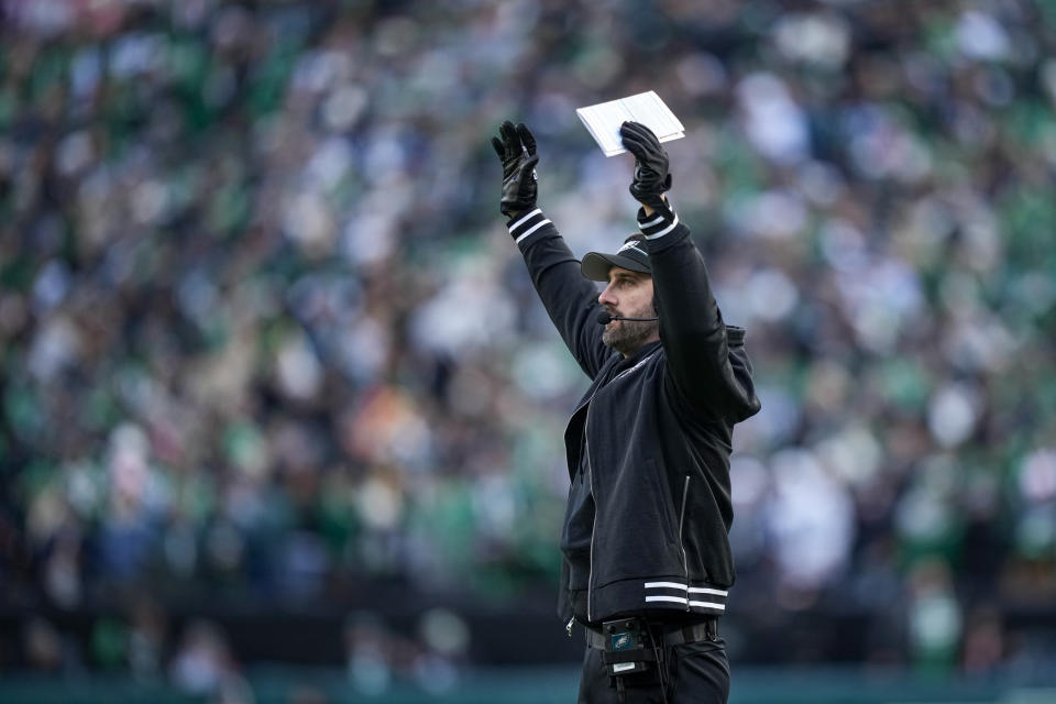 Philadelphia Eagles head coach Nick Sirianni reacts to a fourth quarter touchdown pass from quarterback Jalen Hurts to tight end Dallas Goedert during the second half of an NFL football game against the Arizona Cardinals, Sunday, Dec. 31, 2023, in Philadelphia. (AP Photo/Matt Slocum)