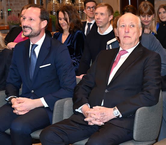 <p>Rune Hellestad - Corbis/Getty</p> King Harald and Crown Prince Haakon visit Faktisk.no at Norwegian Press Association on January 23, 2024 in Oslo.