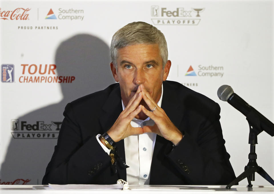 PGA Tour commissioner Jay Monahan takes questions during a live press conference ahead of the Tour Championship golf tournament at East Lake Golf Club in Atlanta, Wednesday, Sept. 2, 2020. (Curtis Compton/Atlanta Journal-Constitution via AP)