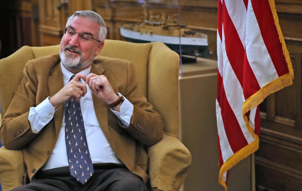 Gov. Eric Holcomb gives a year-end interview in his office Dec. 7 in the Indiana Statehouse.