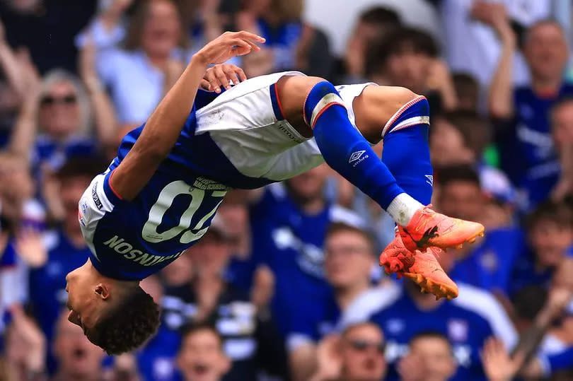 Omari Hutchinson of Ipswich Town celebrates scoring their second goal during the Sky Bet Championship match between Ipswich Town and Huddersfield Town