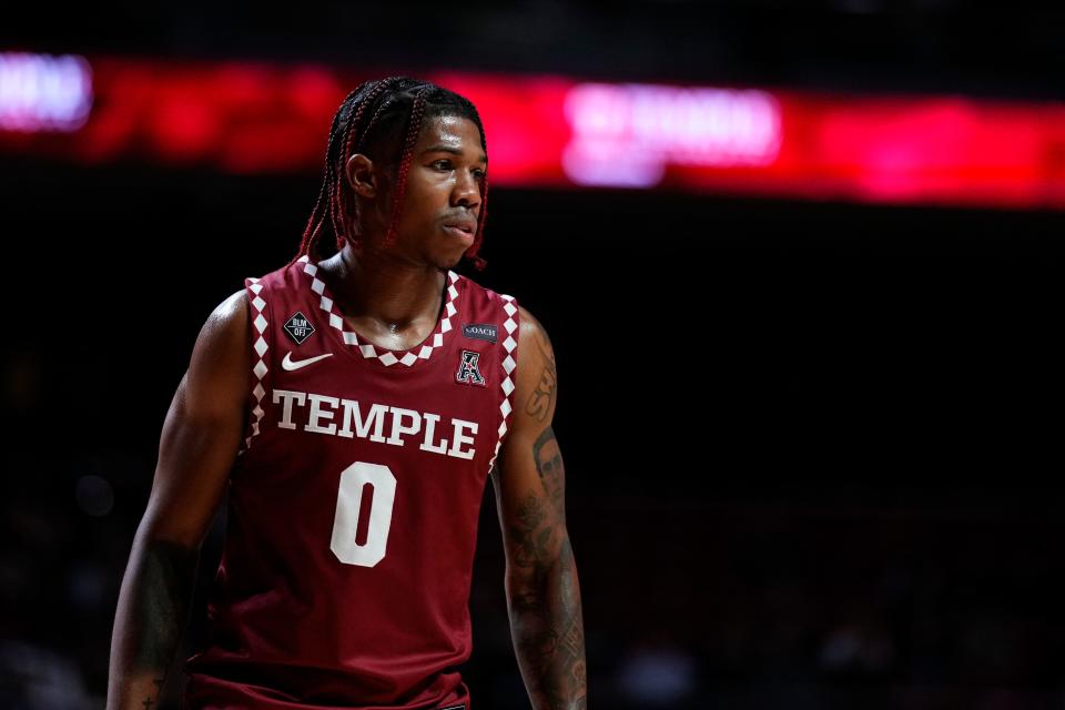 Temple's Khalif Battle plays during an NCAA college basketball game, Friday, Nov. 11, 2022, in Philadelphia. (AP Photo/Matt Slocum)