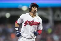 Aug 4, 2018; Cleveland, OH, USA; Cleveland Indians center fielder Leonys Martin (13) rounds the bases after hitting a home run during the sixth inning against the Los Angeles Angels at Progressive Field. Ken Blaze-USA TODAY Sports