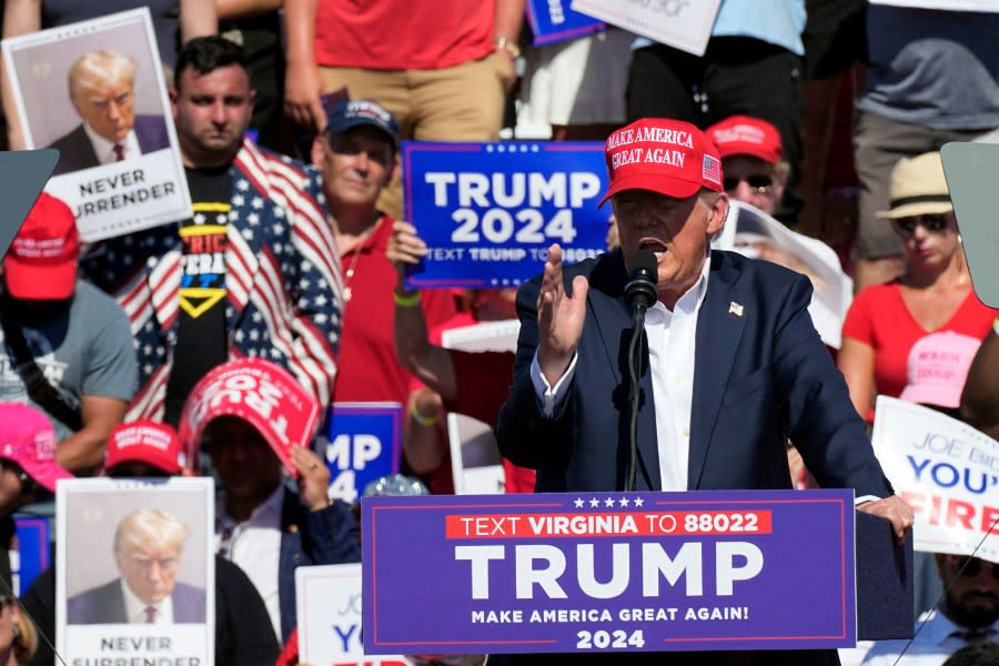 Republican presidential candidate former President Donald Trump speaks at a campaign rally in Chesapeake, Va., Friday, June 28, 2024. (AP Photo/Steve Helber)