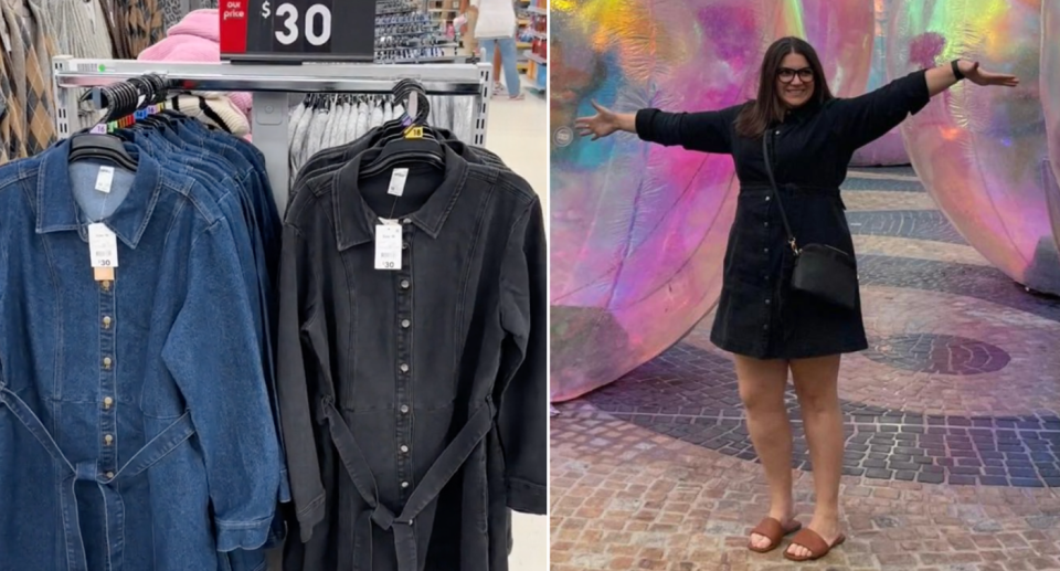 Kmart Denim dress (left) and an excited shopper wearing the dress (right).