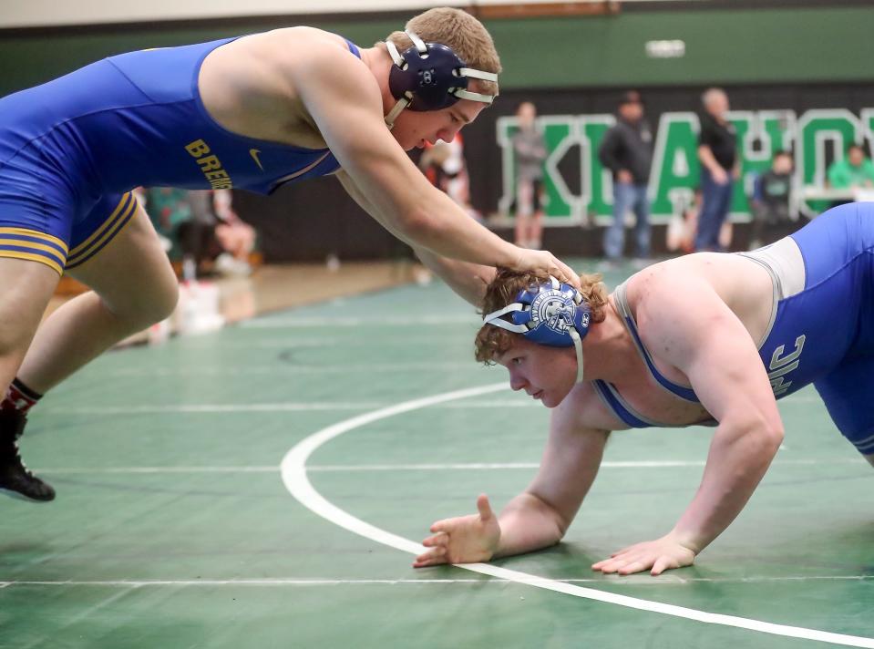 Lars Michaelson, top, wrestles Olympic’s Alex Bullman during the 9th annual Keigen Langholff memorial wrestling tournament at Klahowya on Saturday, Jan. 27, 2024.