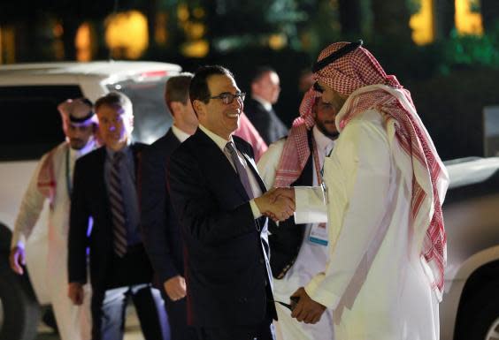 US Treasury Secretary Steven Mnuchin arrives for a welcome dinner at Saudi Arabia Murabba Palace, during the G20 meeting of finance ministers and central bank governors in Riyadh. (REUTERS/Ahmed Yosri)