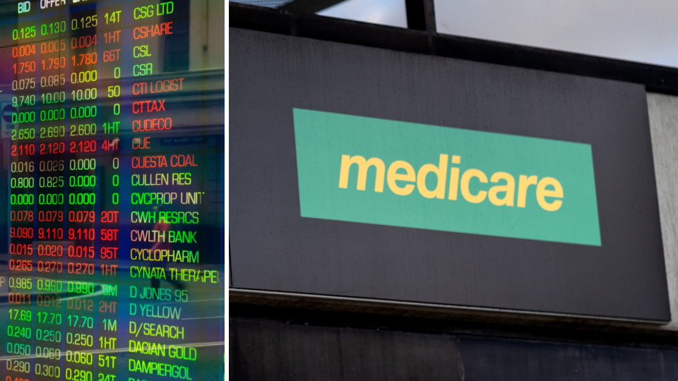 A composite image of the ASX board showing company price changes and a sign with the medicare logo.