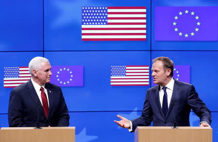 FILE PHOTO: U.S. Vice President Mike Pence and European Council President Donald Tusk hold a joint news conference in Brussels, Belgium, February 20, 2017. REUTERS/Francois Lenoir/File Photo