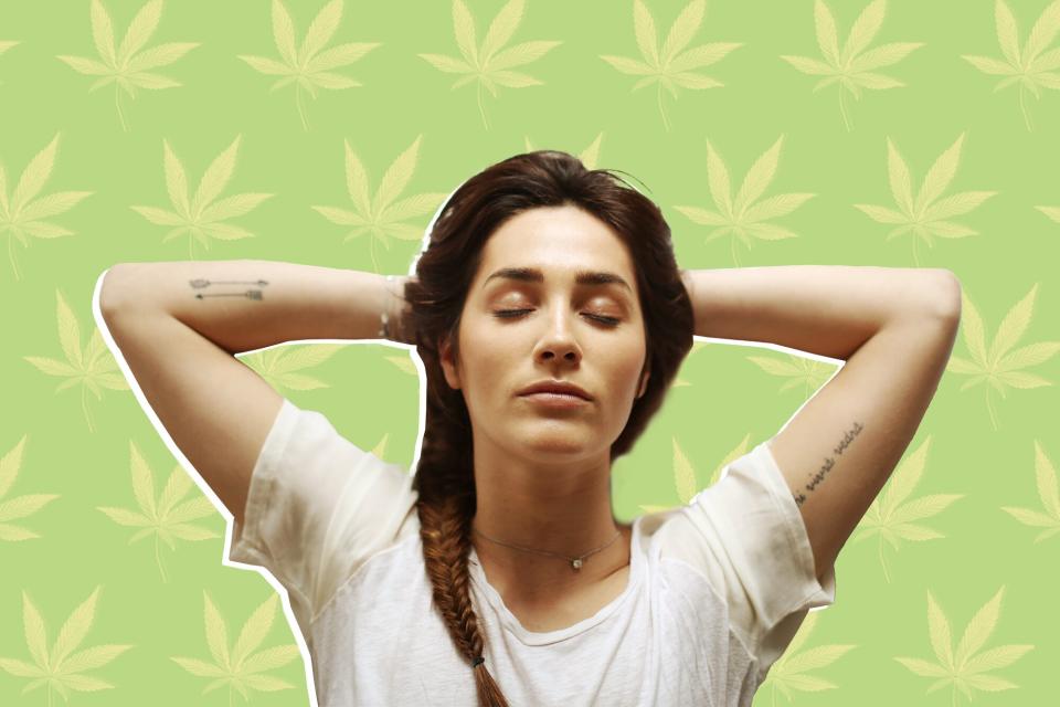 A young woman sleeping with a designed background of cannabis leaves