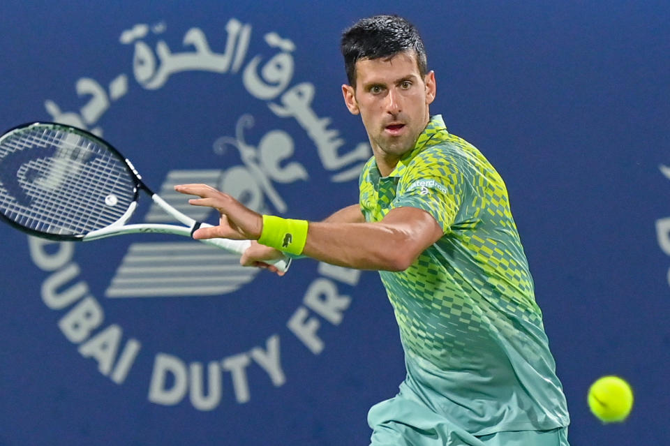 DUBAI, UNITED ARAB EMIRATES - MARCH 03: Novak Djokovic of Serbia competes with Daniil Medvedev of Russia (not seen) during men's single quarter final match of Dubai Duty Free Tennis Championship in Dubai, United Arab Emirates on March 03, 2023. (Photo by Waleed Zein/Anadolu Agency via Getty Images)