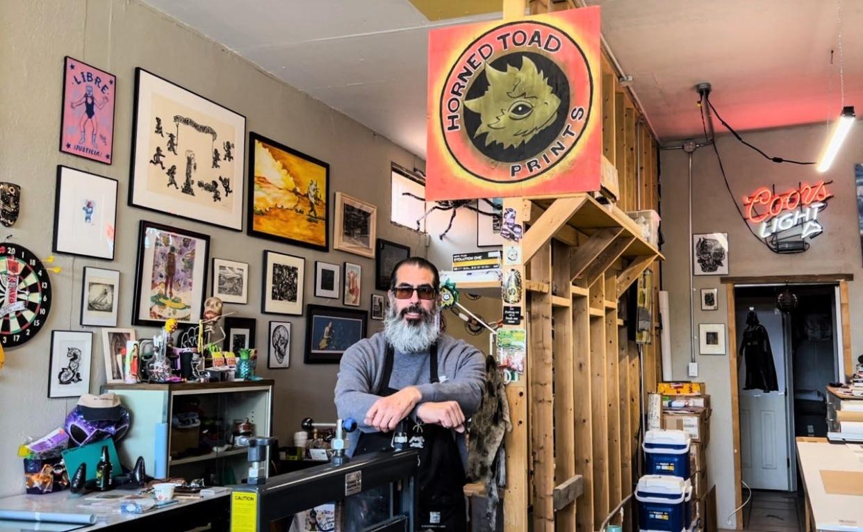Printmaker and UTEP professor Manuel Guerra is shown at his Horned Toad Prints studio, 3107 Alameda Ave. On May 19, Guerra is presenting “The 8 x 8 Part II” exhibit at Alameda Art & Salvage, 3109 Alameda Ave., which is next to his studio.
