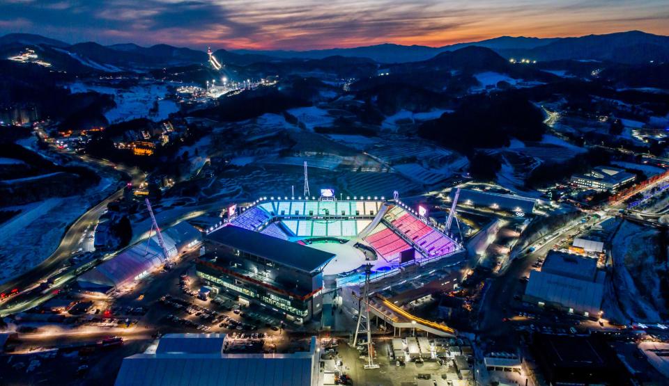 The Pyeongchang Olympic Stadium, seen at dawn on Jan. 25, 2018, is the&nbsp;epitome&nbsp;of planned obsolescence. (Photo: SeongJoon Cho/Bloomberg via Getty Images)