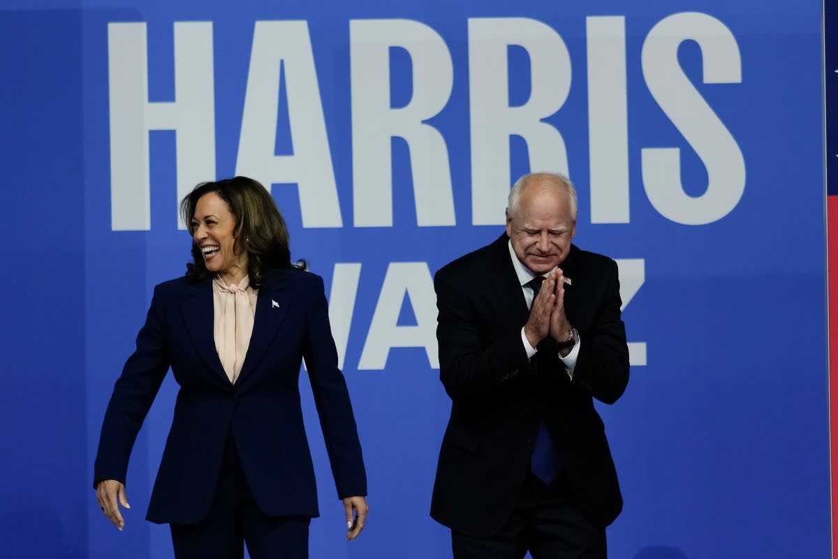 Walz’s remarks in Los Angeles are part of a multi-state swing of appearances and fundraisers that are his first solo outings since being tapped as Harris’s running mate (AP)