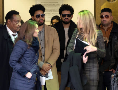 Actor Jussie Smollet's defense attorneys and family members leave the court house after Smollet's bond hearing in Chicago, Illinois, U.S., Februaery 21, 2019. REUTERS/Pinar Istek