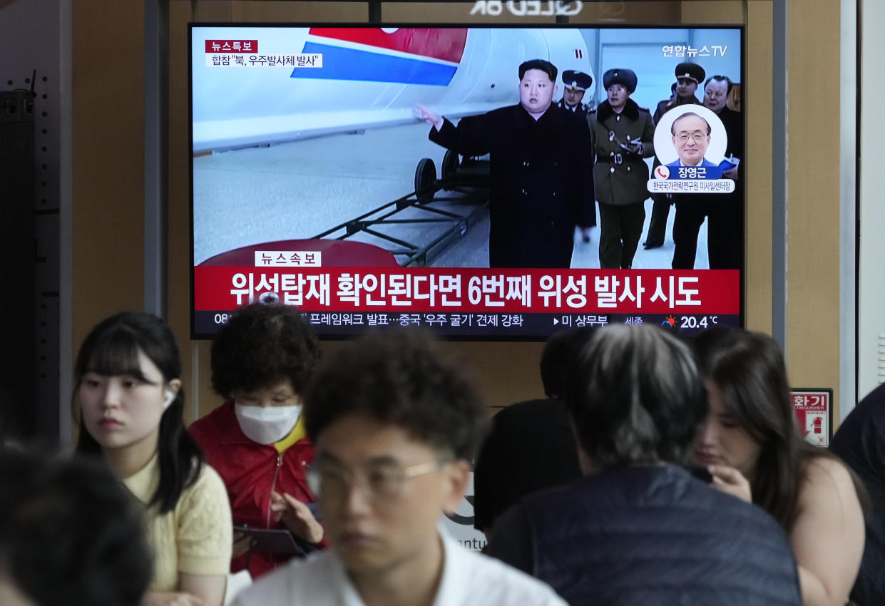 A TV screen shows a file image of North Korean leader Kim Jong Un during a news program at the Seoul Railway Station in Seoul, South Korea, Wednesday, May 31, 2023. North Korea said Wednesday that its attempt to launch the country's first spy satellite has failed. (AP Photo/Ahn Young-joon)