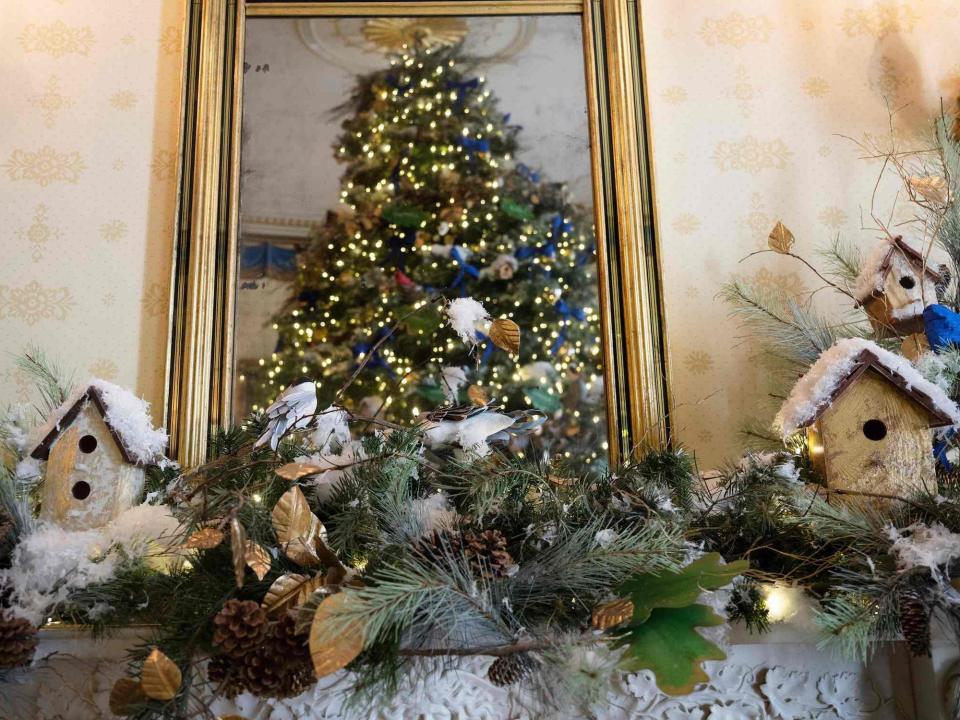 Christmas decorations are on display during a media preview for the 2022 Holidays at the White House in Washington, DC, November 28, 2022.